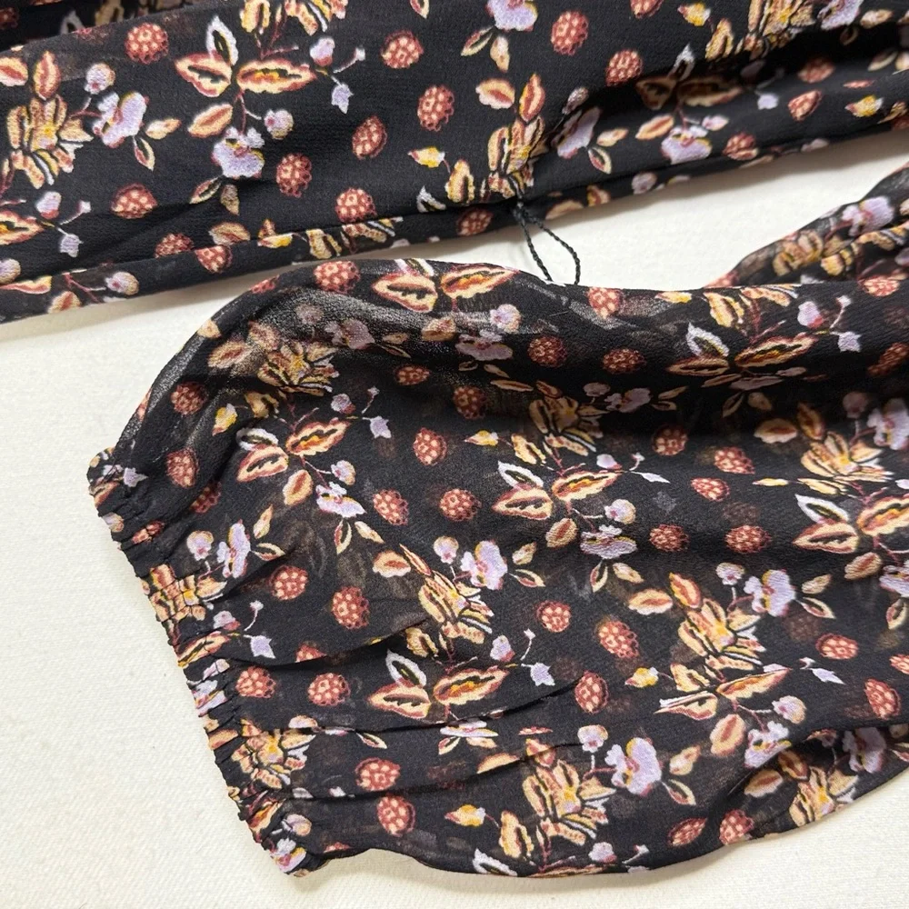 Ann Taylor Black Floral Long Sleeve Dress Boho Cottagecore Size Large Petite - Picture 6 of 10